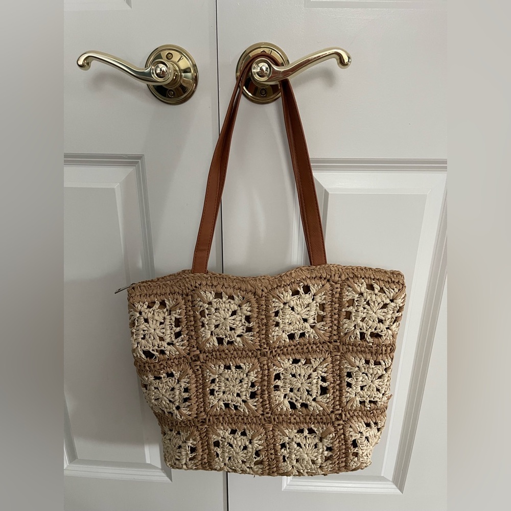 Handcrafted Crochet Tote Bag - Tan and Cream